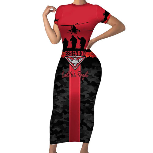 Personalised Essendon Football ANZAC Day Family Matching Short Sleeve Bodycon Dress and Hawaiian Shirt Bombers Poppy Lest We Forget