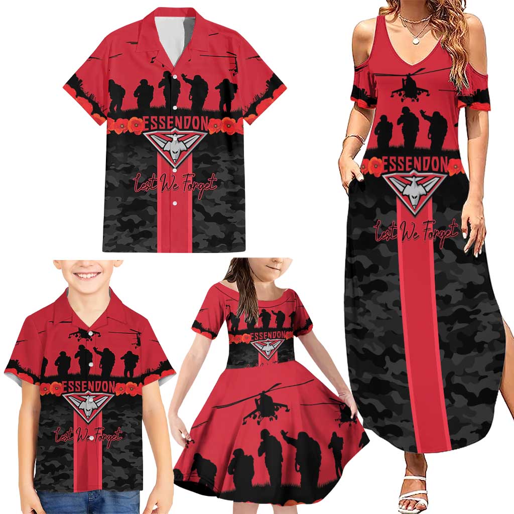 Personalised Essendon Football ANZAC Day Family Matching Summer Maxi Dress and Hawaiian Shirt Bombers Poppy Lest We Forget
