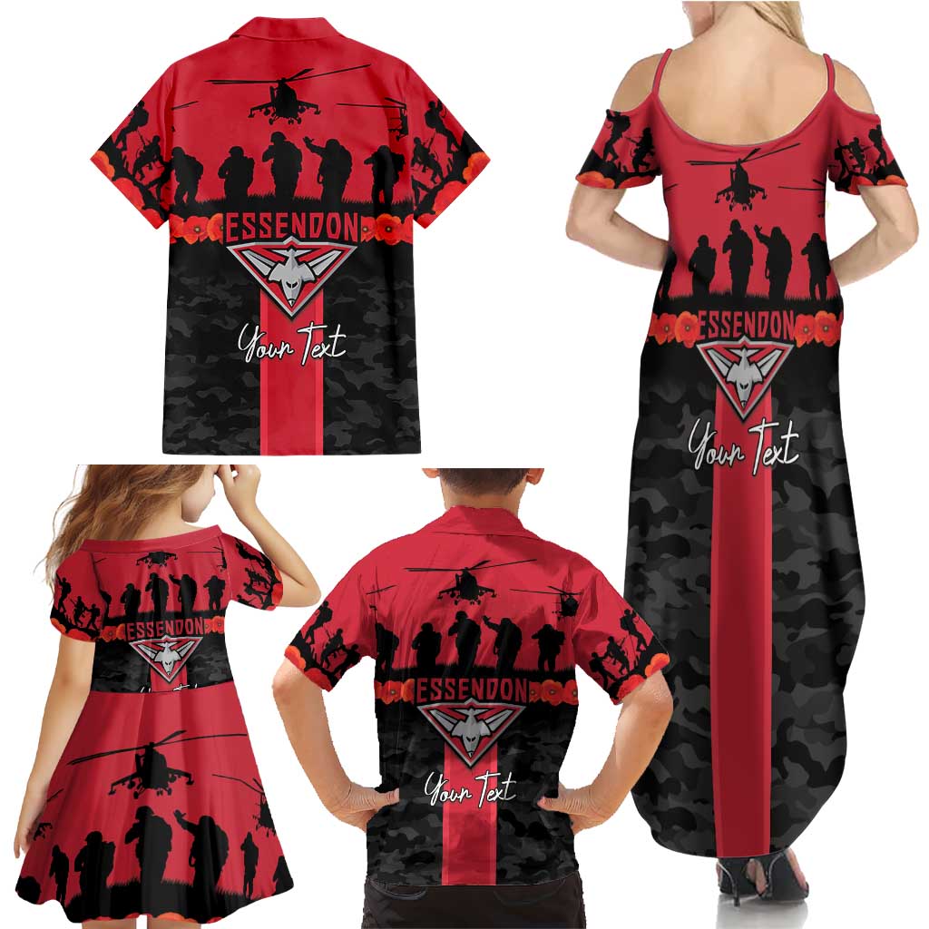 Personalised Essendon Football ANZAC Day Family Matching Summer Maxi Dress and Hawaiian Shirt Bombers Poppy Lest We Forget
