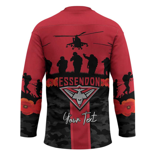 Personalised Essendon Football ANZAC Day Hockey Jersey Bombers Poppy Lest We Forget