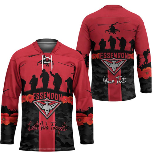 Personalised Essendon Football ANZAC Day Hockey Jersey Bombers Poppy Lest We Forget