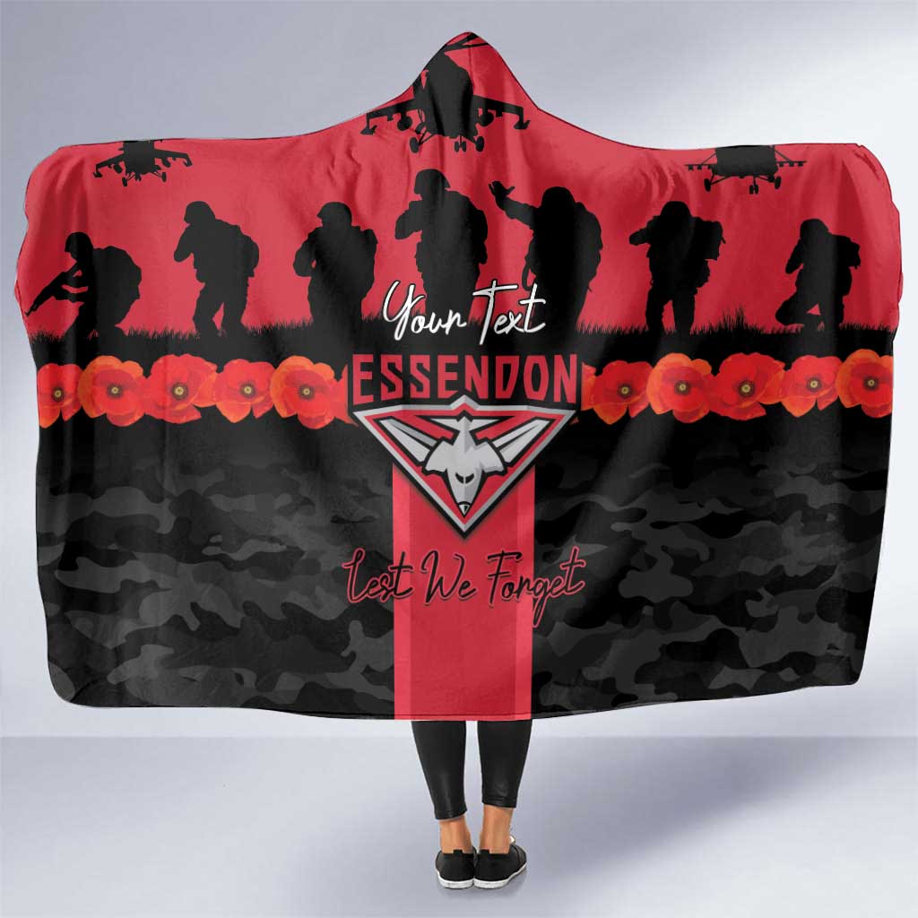 Personalised Essendon Football ANZAC Day Hooded Blanket Bombers Poppy Lest We Forget