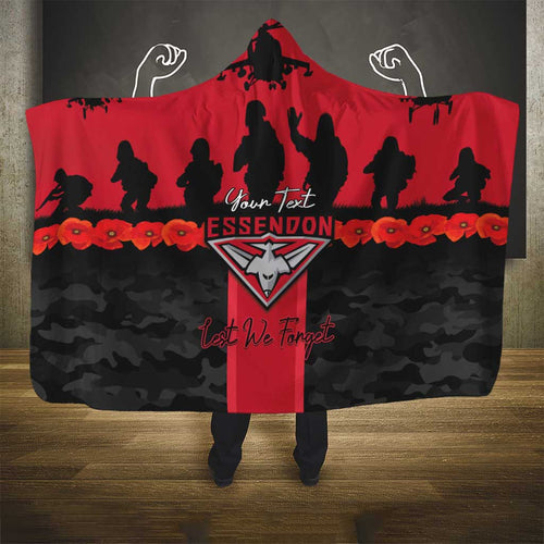 Personalised Essendon Football ANZAC Day Hooded Blanket Bombers Poppy Lest We Forget