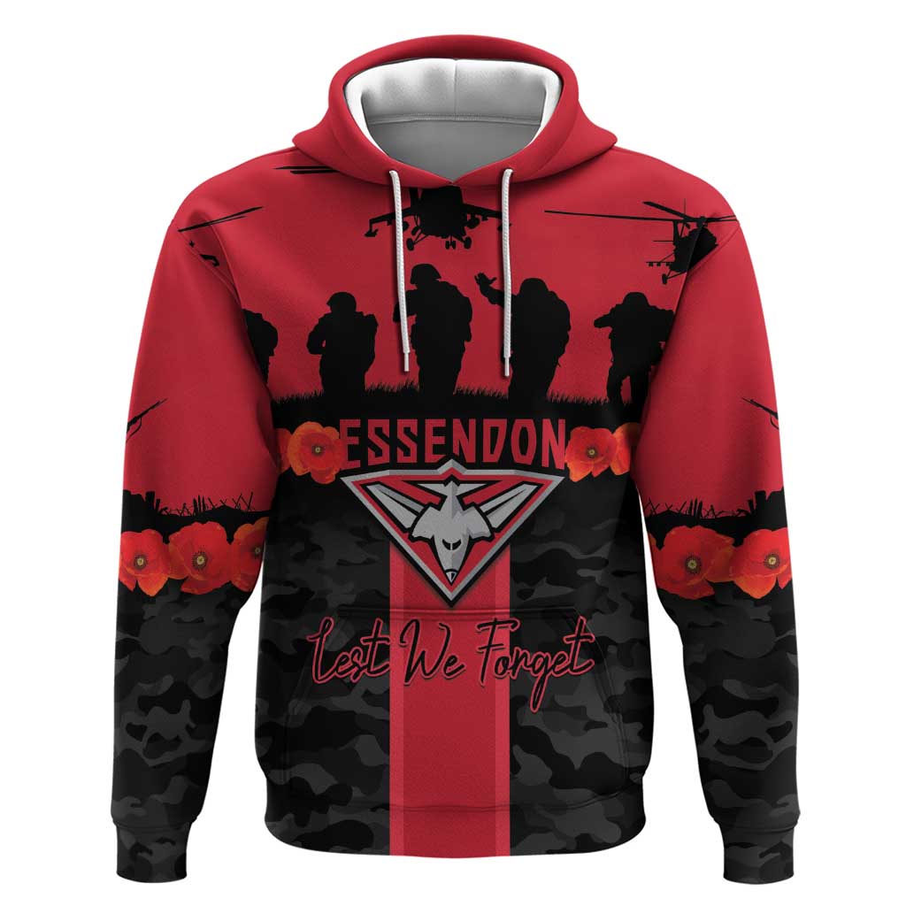 Personalised Essendon Football ANZAC Day Hoodie Bombers Poppy Lest We Forget