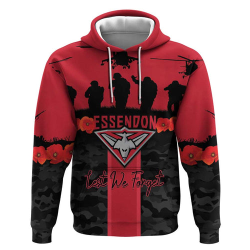 Personalised Essendon Football ANZAC Day Hoodie Bombers Poppy Lest We Forget