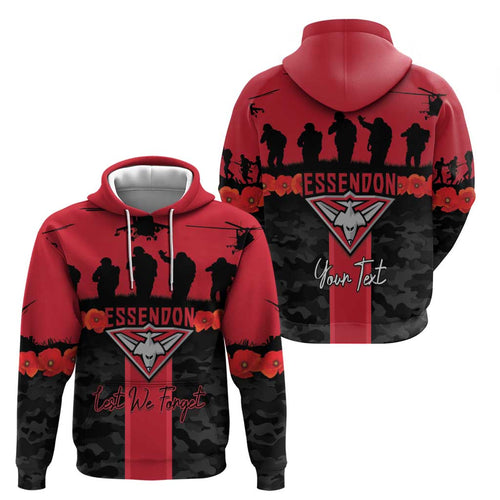Personalised Essendon Football ANZAC Day Hoodie Bombers Poppy Lest We Forget