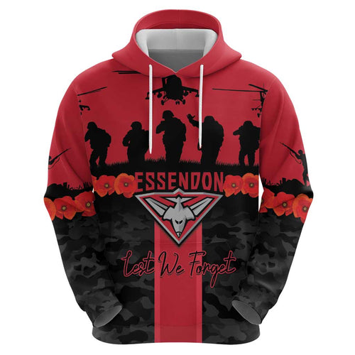 Personalised Essendon Football ANZAC Day Hoodie Bombers Poppy Lest We Forget