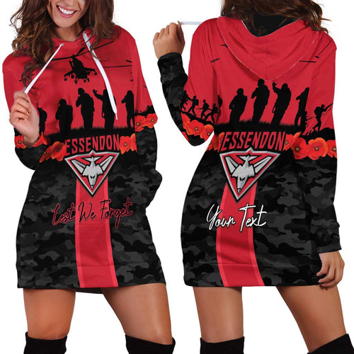Personalised Essendon Football ANZAC Day Hoodie Dress Bombers Poppy Lest We Forget
