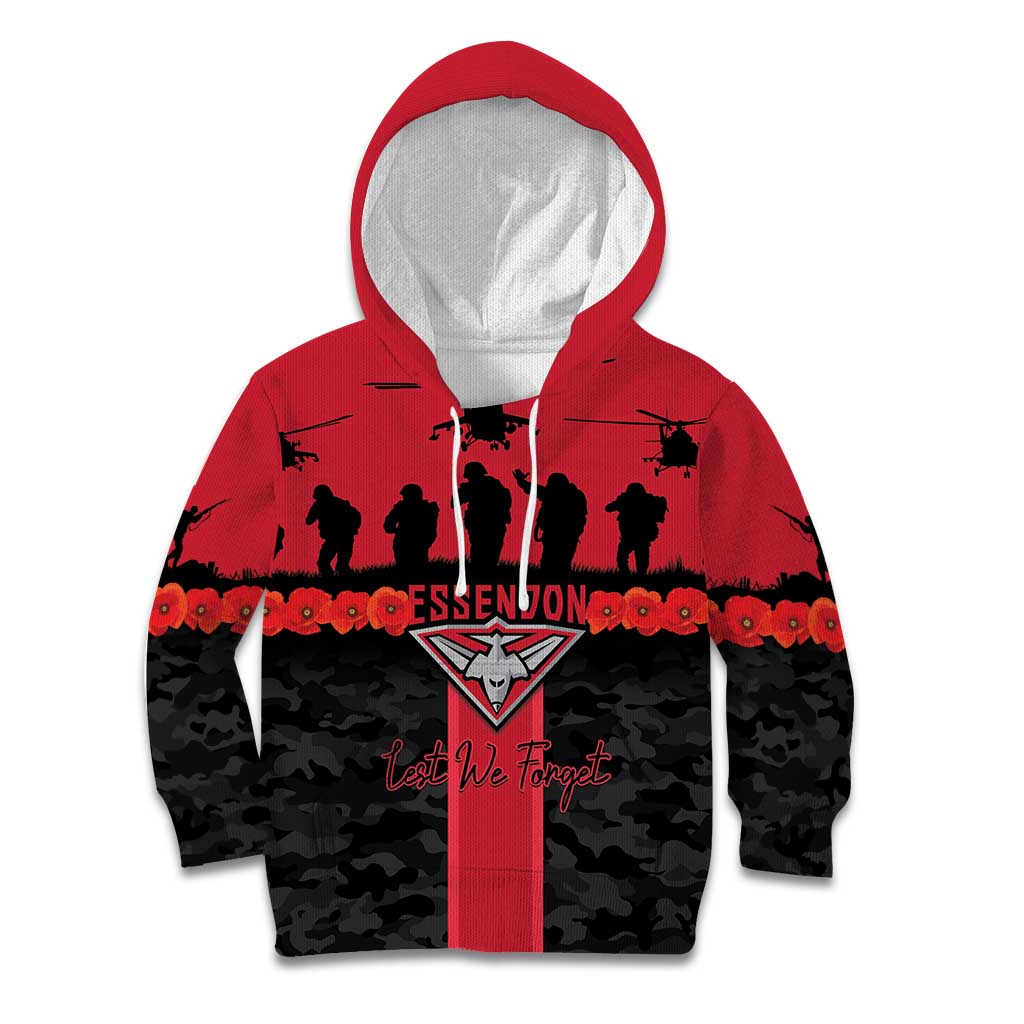 Personalised Essendon Football ANZAC Day Kid Hoodie Bombers Poppy Lest We Forget