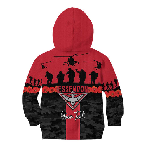 Personalised Essendon Football ANZAC Day Kid Hoodie Bombers Poppy Lest We Forget