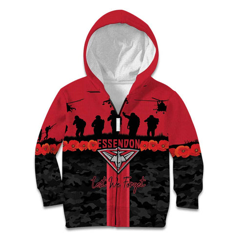 Personalised Essendon Football ANZAC Day Kid Hoodie Bombers Poppy Lest We Forget