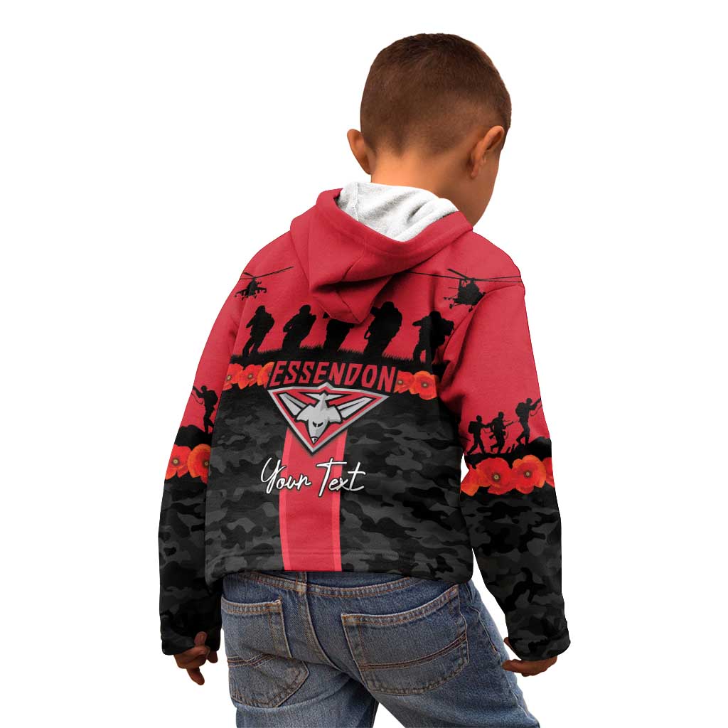 Personalised Essendon Football ANZAC Day Kid Hoodie Bombers Poppy Lest We Forget