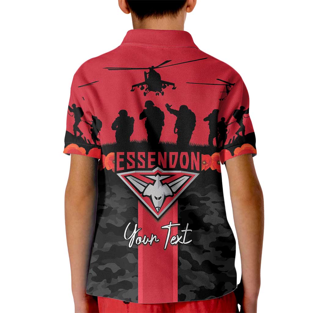 Personalised Essendon Football ANZAC Day Kid Polo Shirt Bombers Poppy Lest We Forget