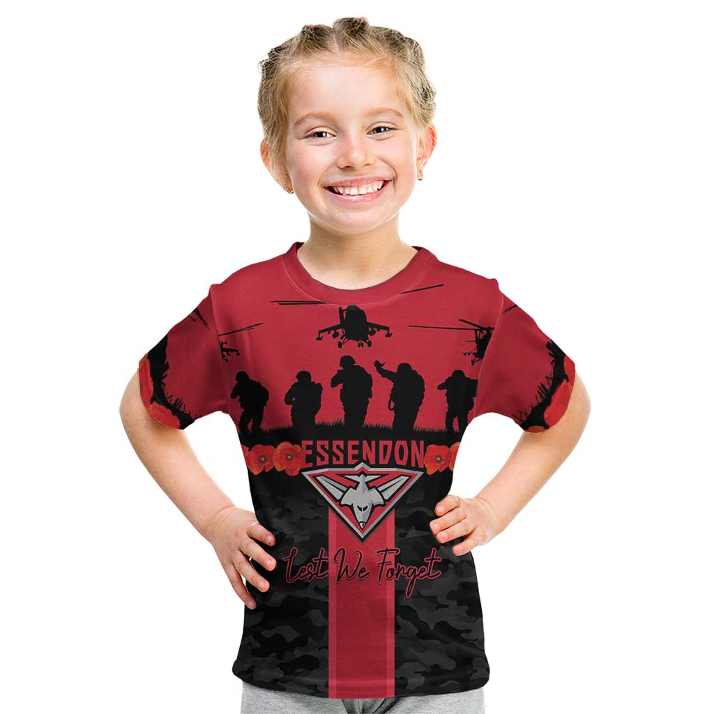 Personalised Essendon Football ANZAC Day Kid T Shirt Bombers Poppy Lest We Forget
