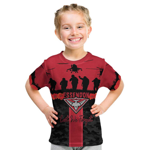Personalised Essendon Football ANZAC Day Kid T Shirt Bombers Poppy Lest We Forget