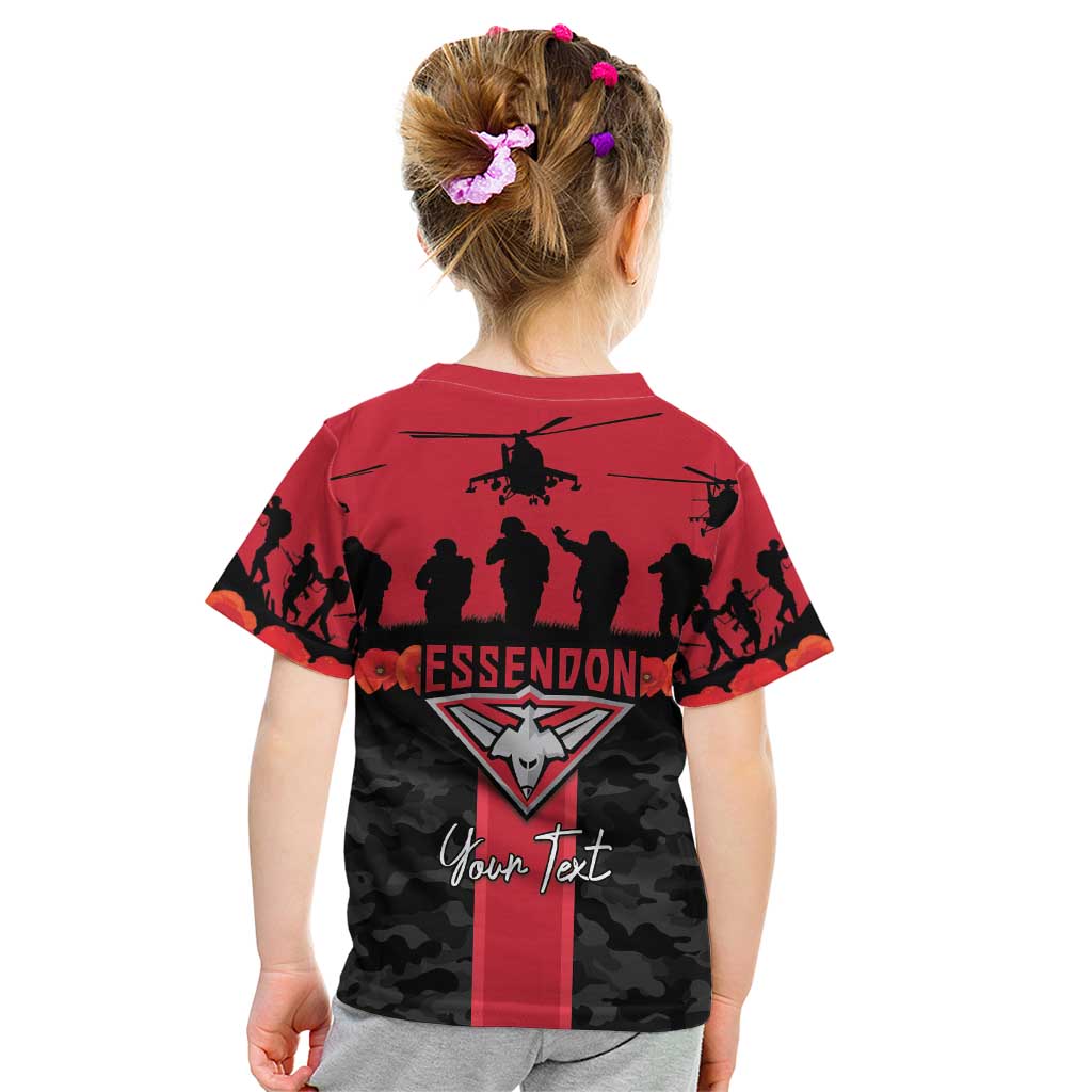 Personalised Essendon Football ANZAC Day Kid T Shirt Bombers Poppy Lest We Forget