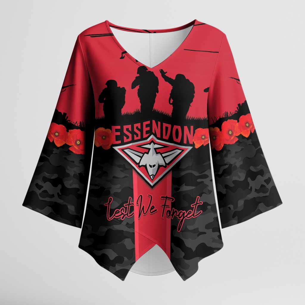 Personalised Essendon Football ANZAC Day Kimono Sleeve Blouse Bombers Poppy Lest We Forget