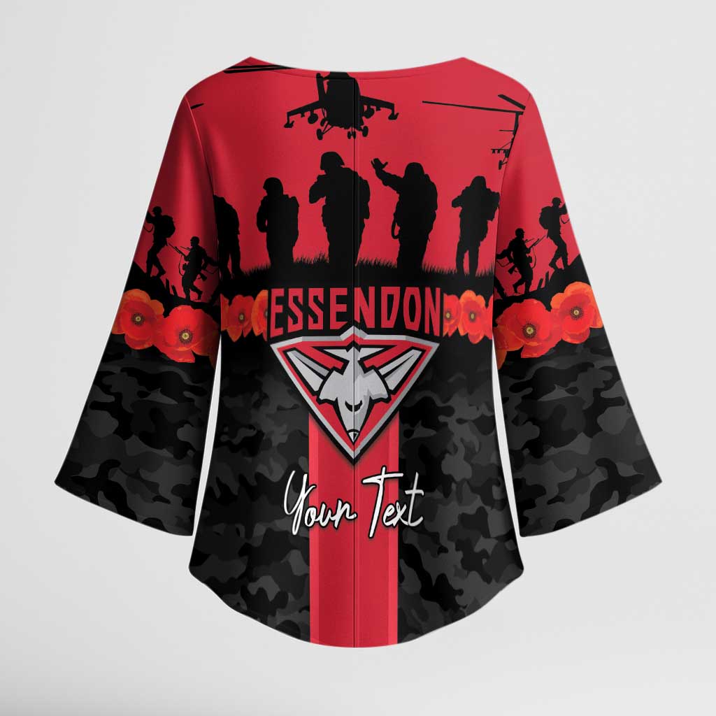 Personalised Essendon Football ANZAC Day Kimono Sleeve Blouse Bombers Poppy Lest We Forget