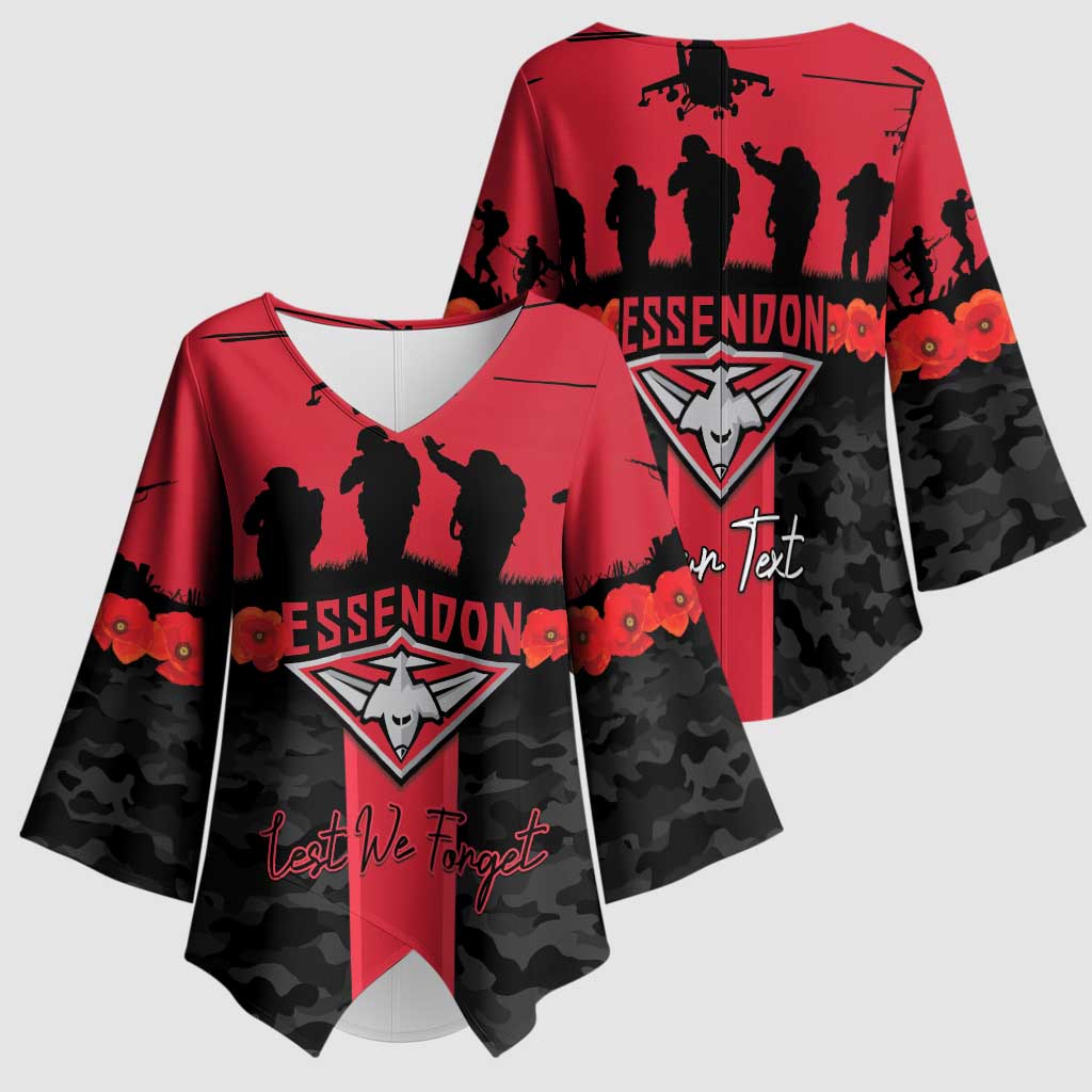 Personalised Essendon Football ANZAC Day Kimono Sleeve Blouse Bombers Poppy Lest We Forget