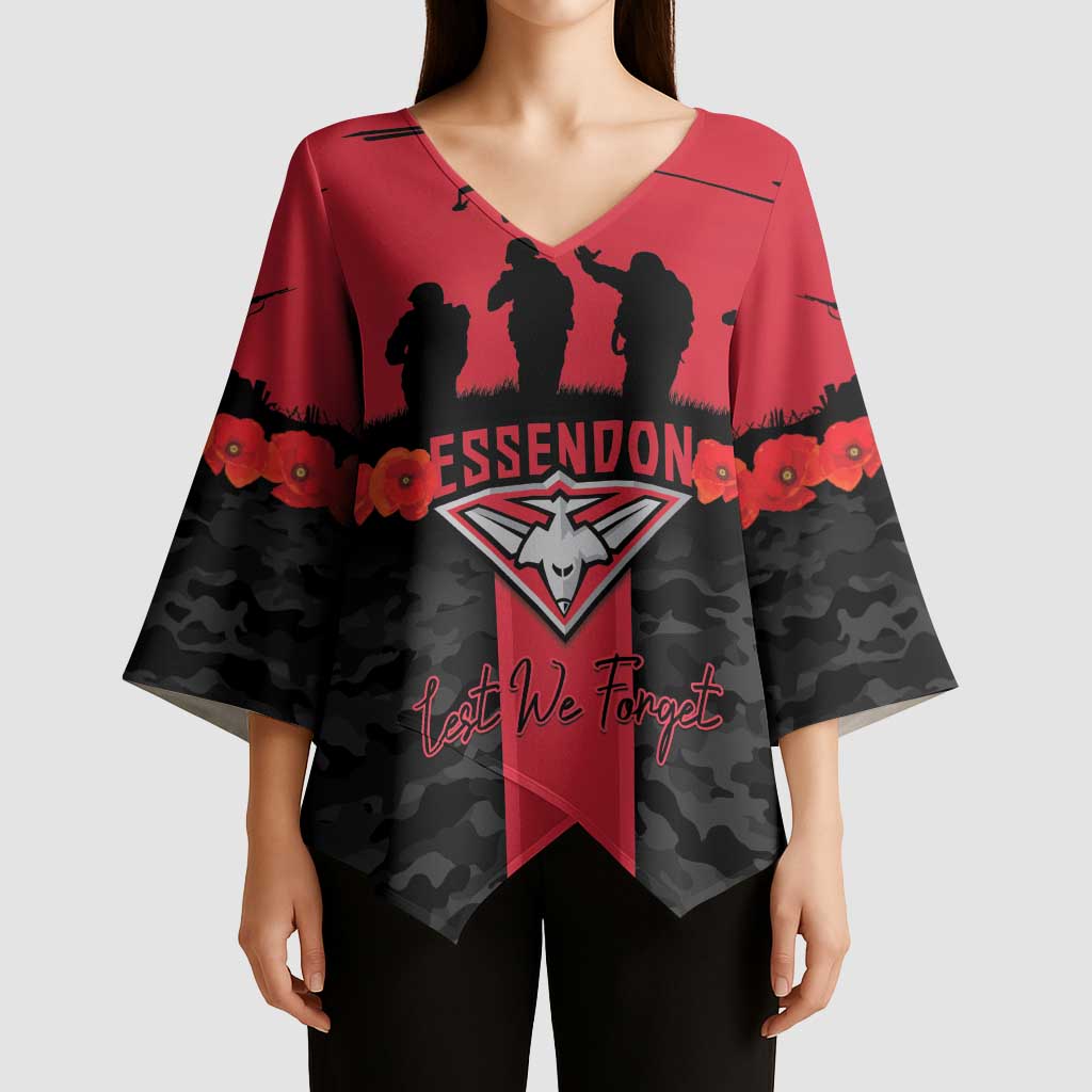 Personalised Essendon Football ANZAC Day Kimono Sleeve Blouse Bombers Poppy Lest We Forget
