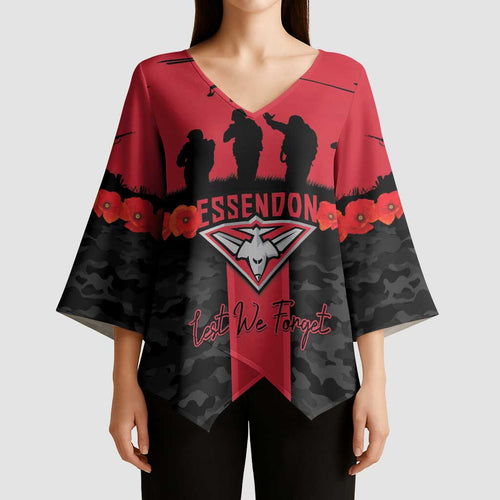 Personalised Essendon Football ANZAC Day Kimono Sleeve Blouse Bombers Poppy Lest We Forget