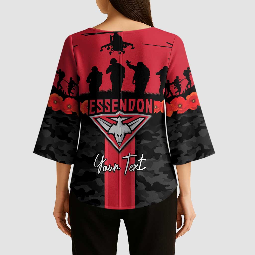 Personalised Essendon Football ANZAC Day Kimono Sleeve Blouse Bombers Poppy Lest We Forget