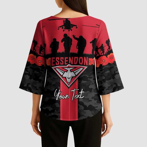 Personalised Essendon Football ANZAC Day Kimono Sleeve Blouse Bombers Poppy Lest We Forget