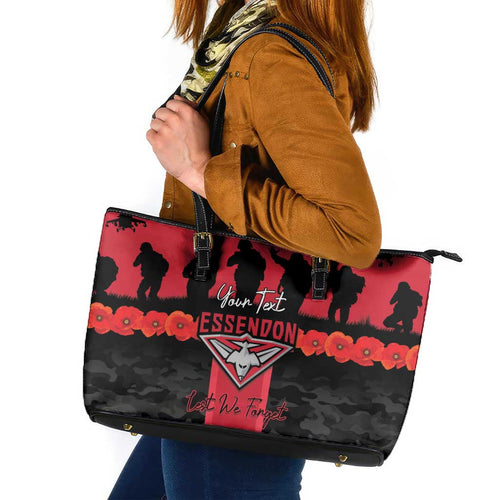 Personalised Essendon Football ANZAC Day Leather Tote Bag Bombers Poppy Lest We Forget