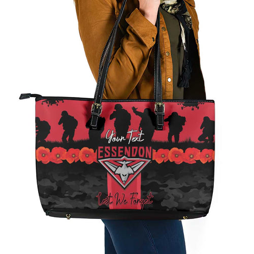 Personalised Essendon Football ANZAC Day Leather Tote Bag Bombers Poppy Lest We Forget