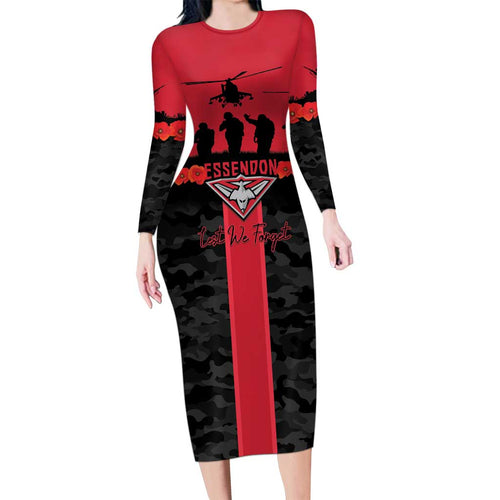 Personalised Essendon Football ANZAC Day Long Sleeve Bodycon Dress Bombers Poppy Lest We Forget