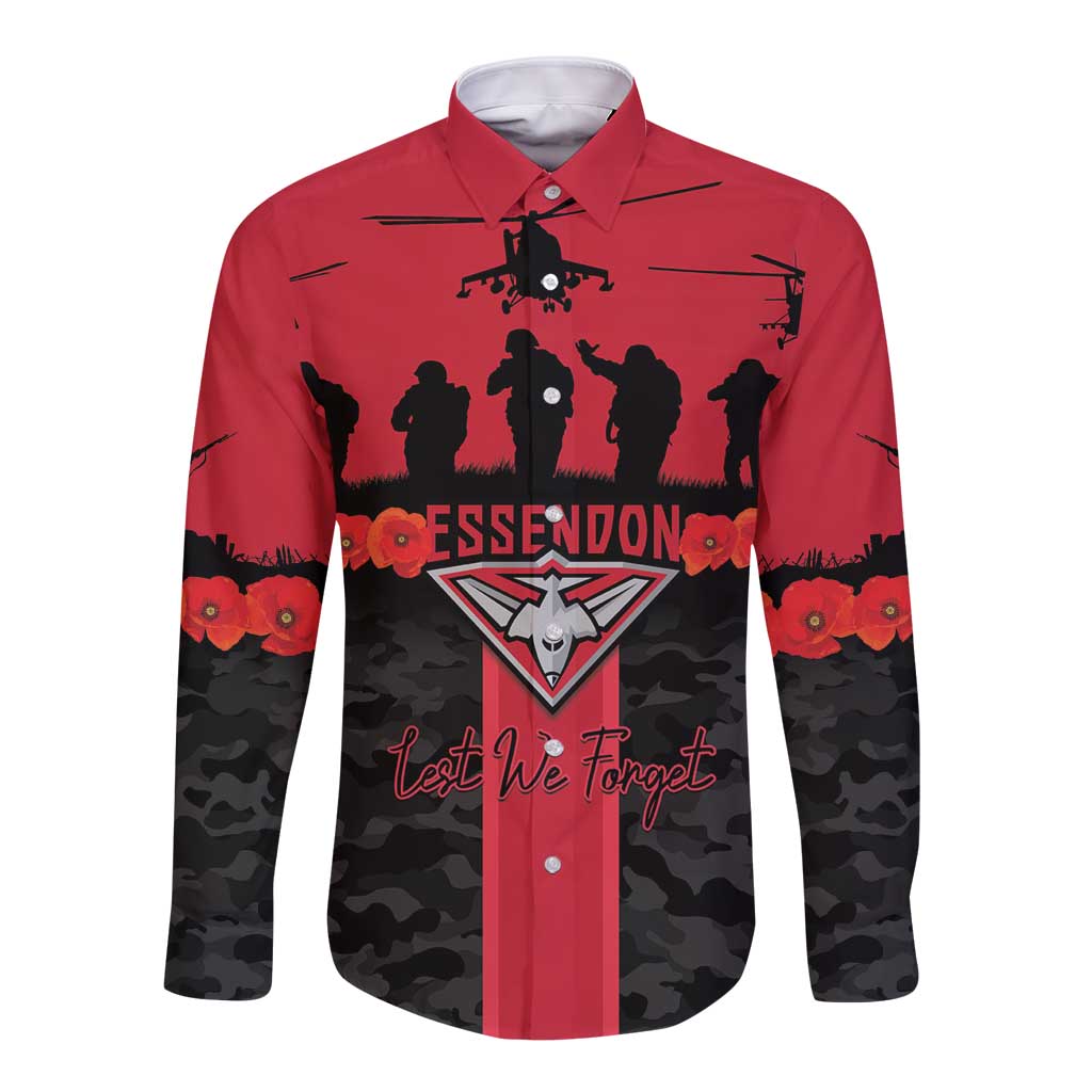 Personalised Essendon Football ANZAC Day Long Sleeve Button Shirt Bombers Poppy Lest We Forget
