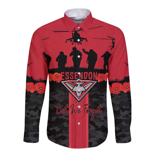 Personalised Essendon Football ANZAC Day Long Sleeve Button Shirt Bombers Poppy Lest We Forget