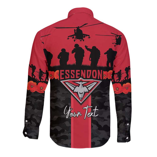 Personalised Essendon Football ANZAC Day Long Sleeve Button Shirt Bombers Poppy Lest We Forget