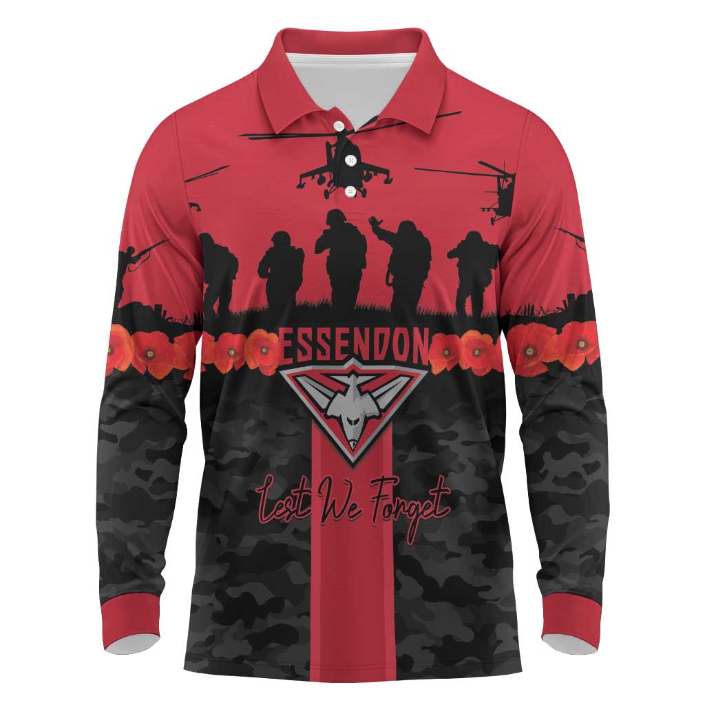 Personalised Essendon Football ANZAC Day Long Sleeve Polo Shirt Bombers Poppy Lest We Forget