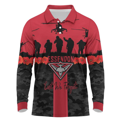 Personalised Essendon Football ANZAC Day Long Sleeve Polo Shirt Bombers Poppy Lest We Forget