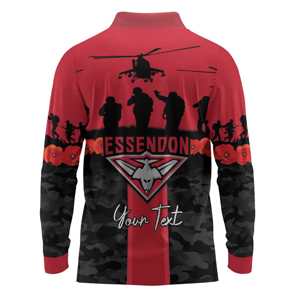 Personalised Essendon Football ANZAC Day Long Sleeve Polo Shirt Bombers Poppy Lest We Forget
