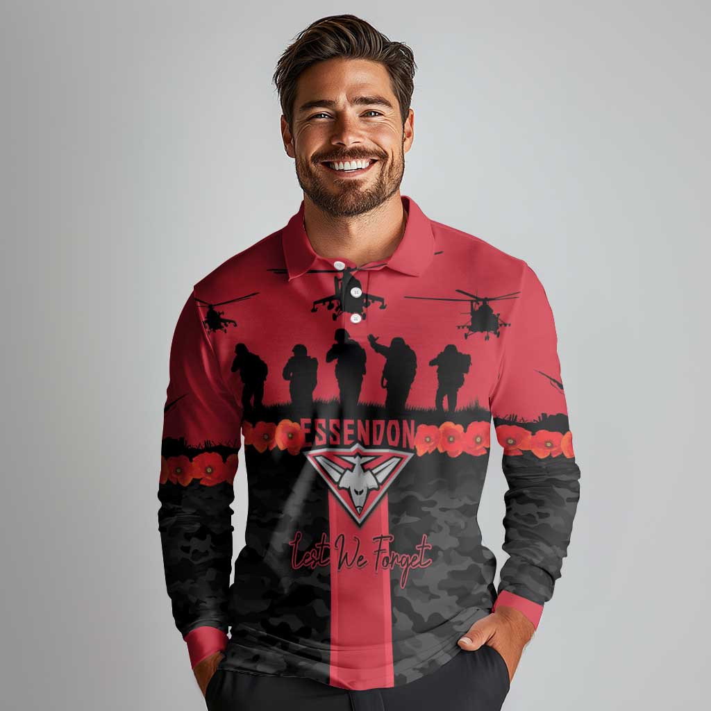 Personalised Essendon Football ANZAC Day Long Sleeve Polo Shirt Bombers Poppy Lest We Forget