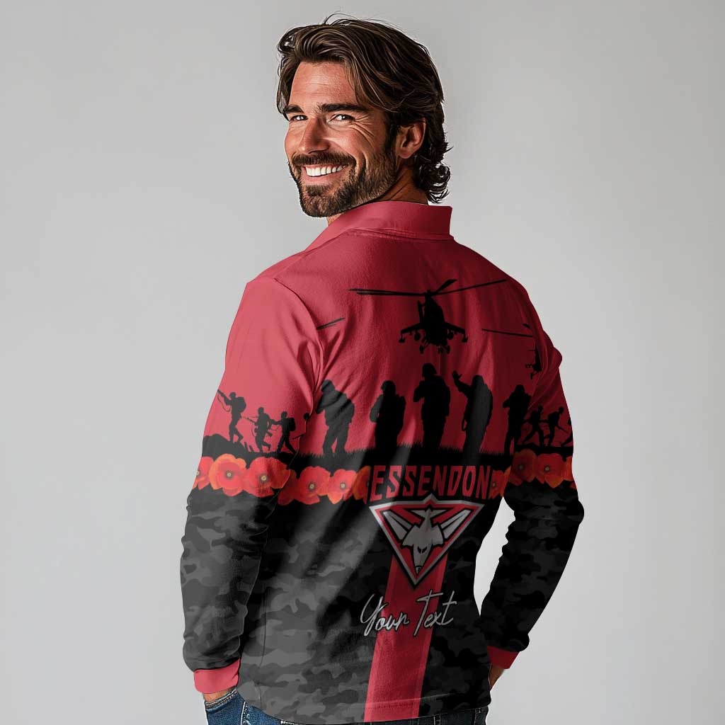 Personalised Essendon Football ANZAC Day Long Sleeve Polo Shirt Bombers Poppy Lest We Forget