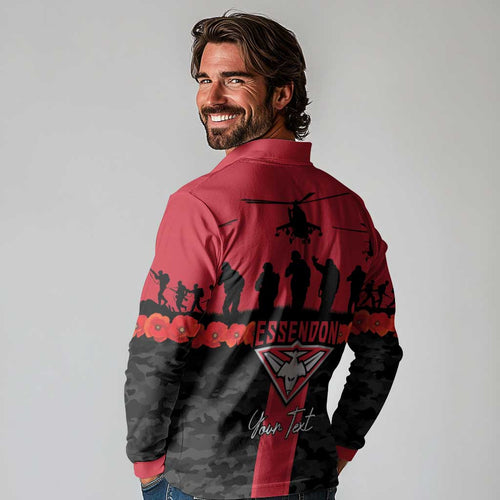 Personalised Essendon Football ANZAC Day Long Sleeve Polo Shirt Bombers Poppy Lest We Forget
