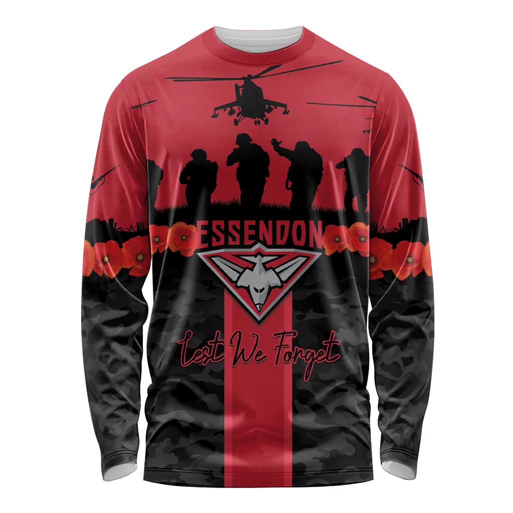 Personalised Essendon Football ANZAC Day Long Sleeve Shirt Bombers Poppy Lest We Forget