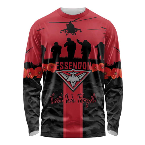 Personalised Essendon Football ANZAC Day Long Sleeve Shirt Bombers Poppy Lest We Forget