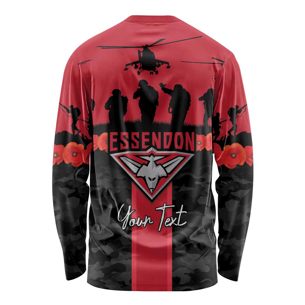 Personalised Essendon Football ANZAC Day Long Sleeve Shirt Bombers Poppy Lest We Forget