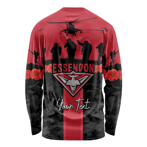Personalised Essendon Football ANZAC Day Long Sleeve Shirt Bombers Poppy Lest We Forget