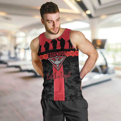 Personalised Essendon Football ANZAC Day Men Tank Top Bombers Poppy Lest We Forget