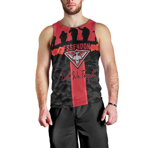 Personalised Essendon Football ANZAC Day Men Tank Top Bombers Poppy Lest We Forget