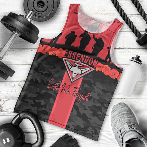 Personalised Essendon Football ANZAC Day Men Tank Top Bombers Poppy Lest We Forget