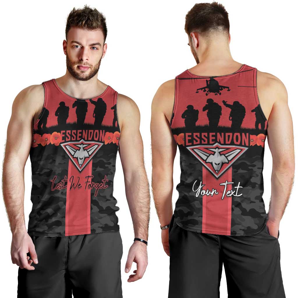 Personalised Essendon Football ANZAC Day Men Tank Top Bombers Poppy Lest We Forget