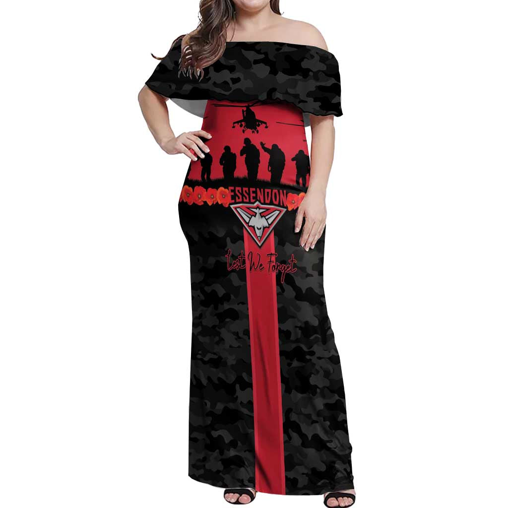 Personalised Essendon Football ANZAC Day Off Shoulder Maxi Dress Bombers Poppy Lest We Forget