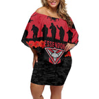 Personalised Essendon Football ANZAC Day Off Shoulder Short Dress Bombers Poppy Lest We Forget
