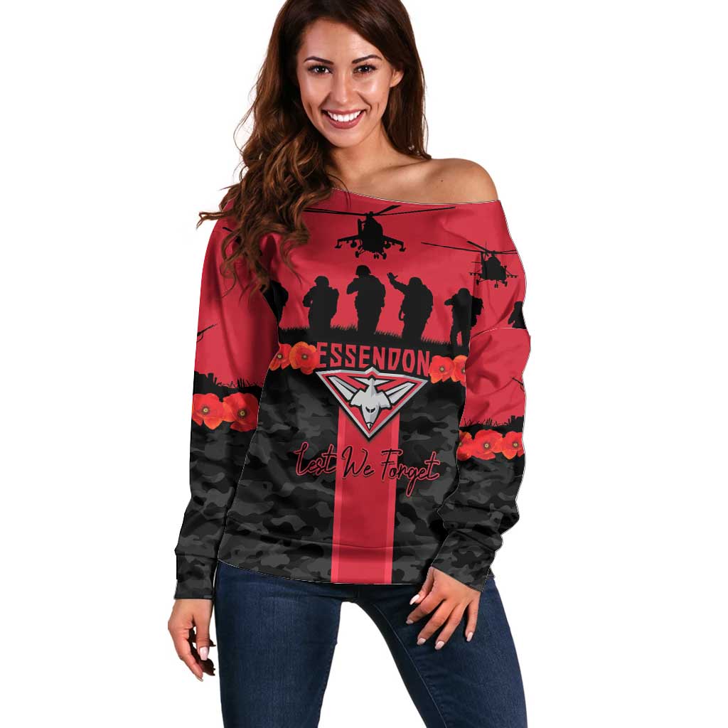 Personalised Essendon Football ANZAC Day Off Shoulder Sweater Bombers Poppy Lest We Forget